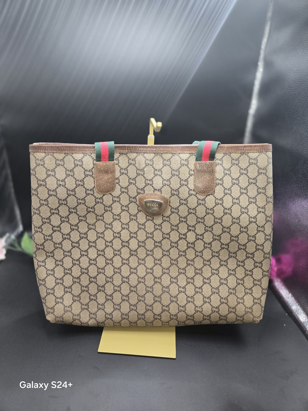 Authentic Vintage Gucci Plus GG Monogram Tote Bag Web Stripe Beige Brown Large